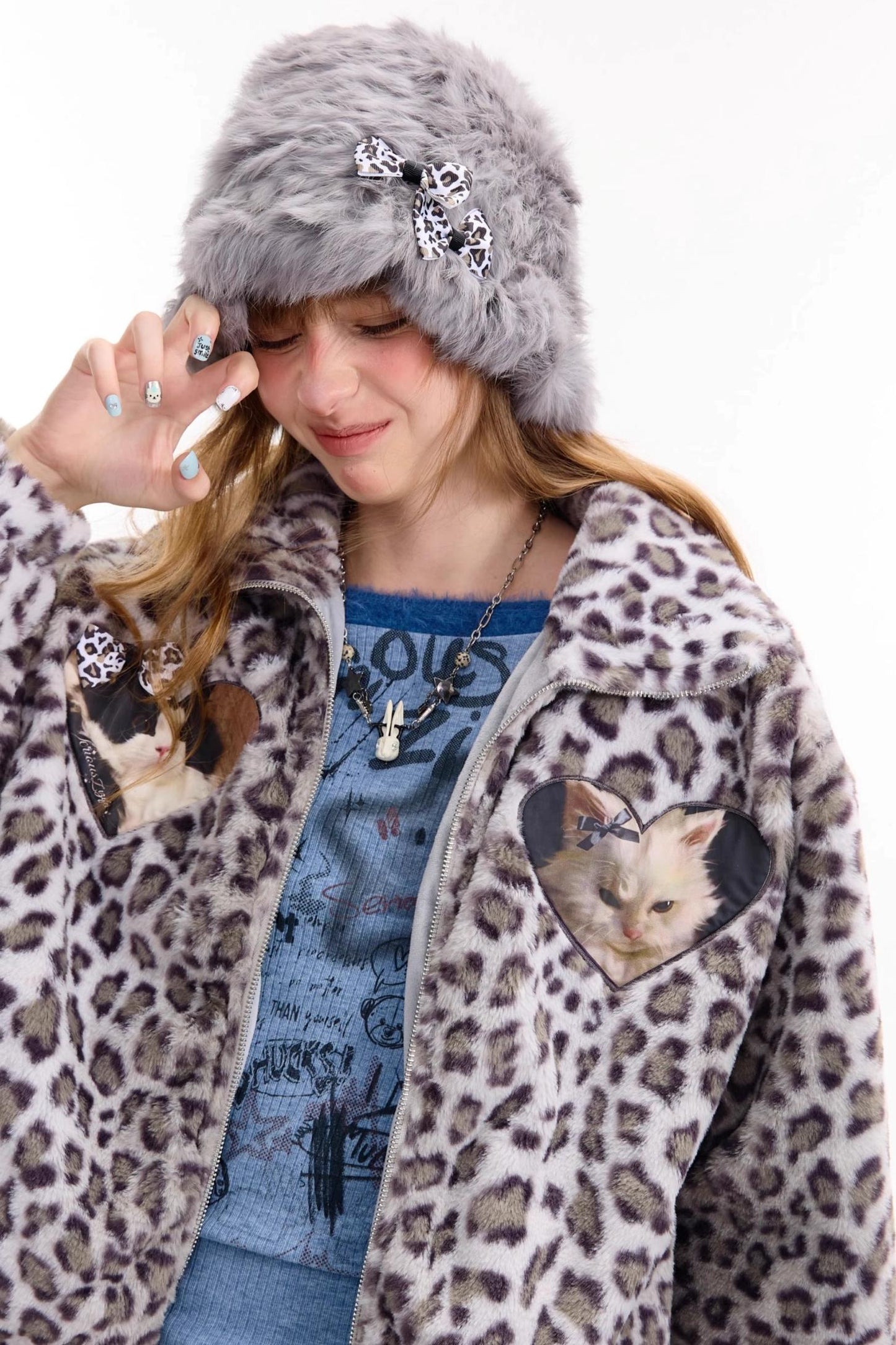 Winter Cat Print Fluffy Coat