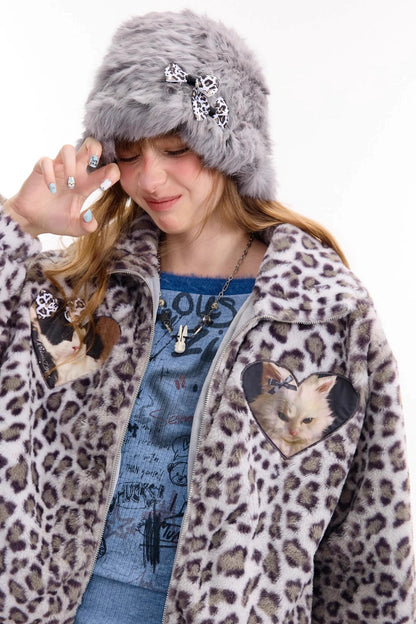 Winter Cat Print Fluffy Coat