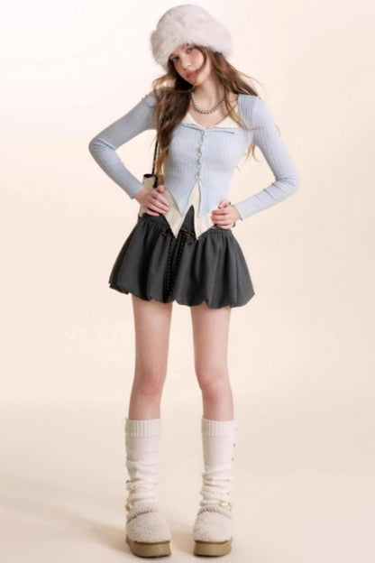 Color-Blocked Woolen Puff Skirt