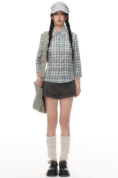 Plaid Cotton Waist-Cinching Blouse