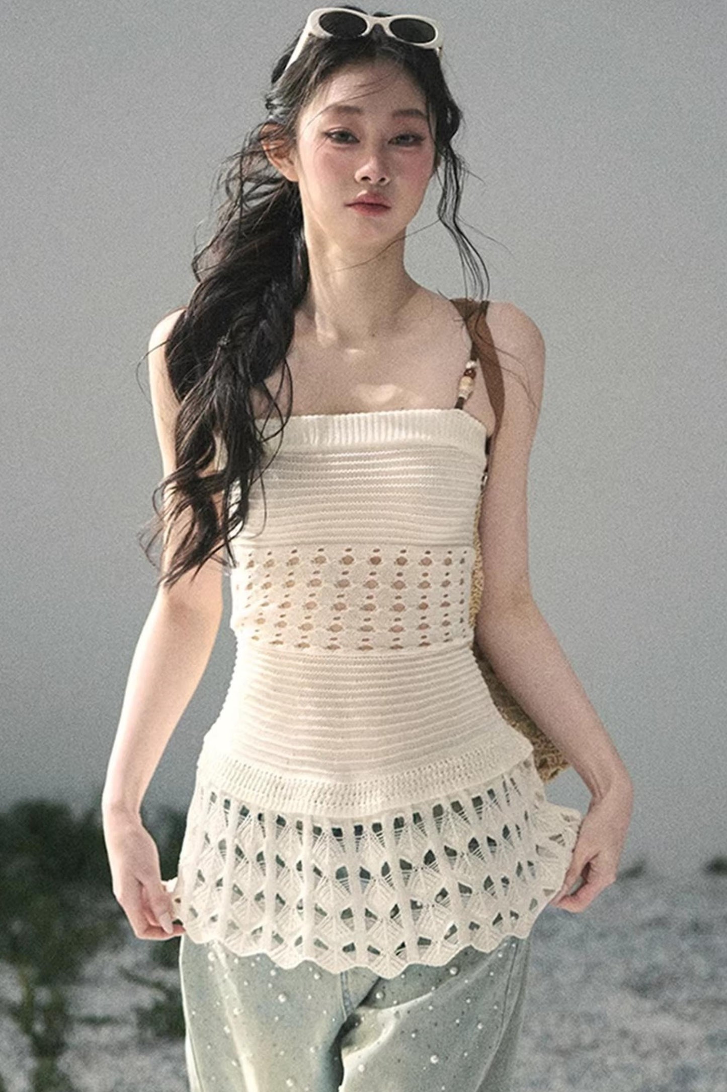 Französisches Strick-Hollow-Out-Unterhemd