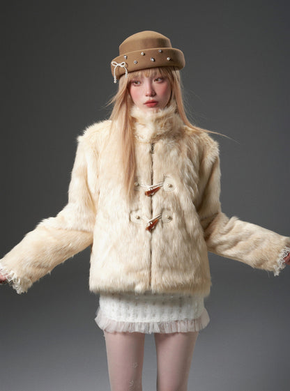 Horn-buckled turtleneck fur Coat