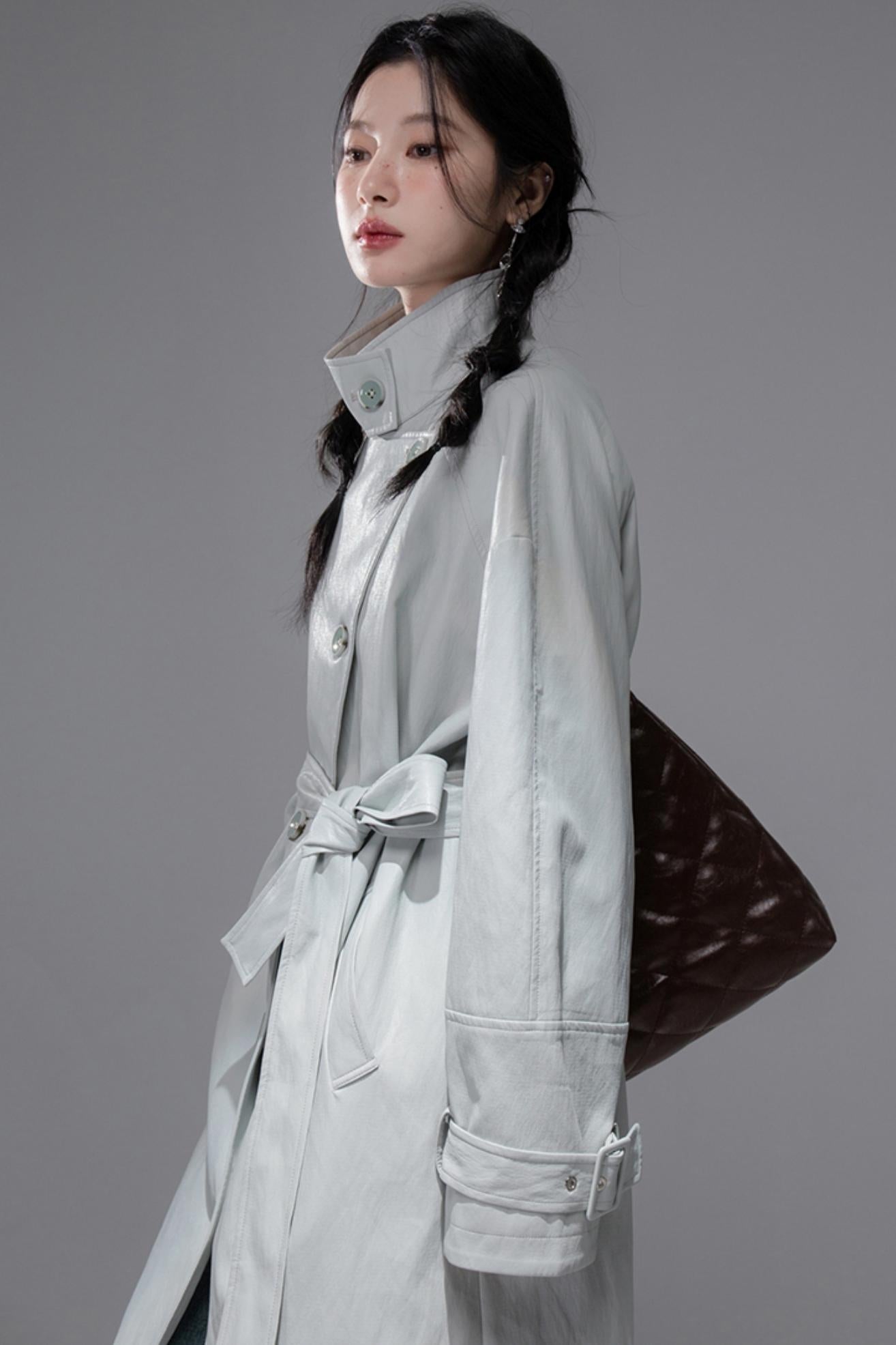 First Gray Leather Trench Coat