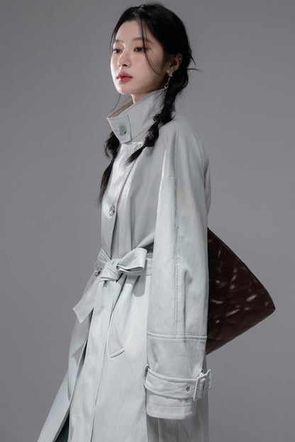 First Gray Leather Trench Coat