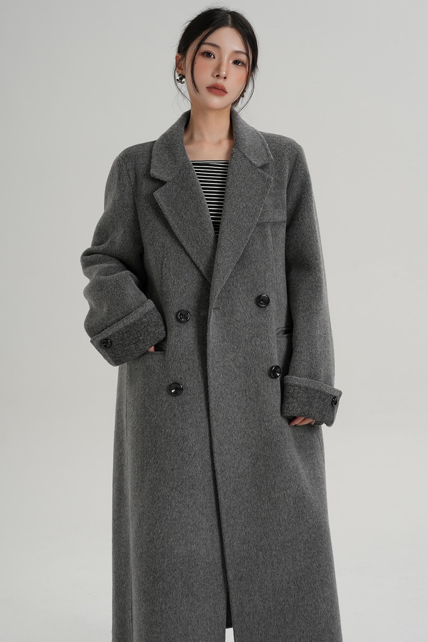 Turn-Sleeve Suit Collar Long Wool Coat