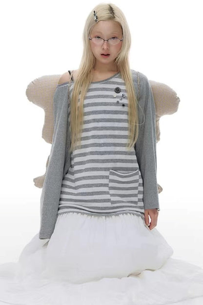 Button Striped Off-Shoulder Top