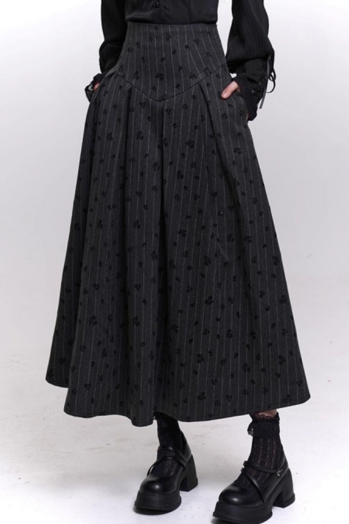 Gray Striped A-Line Skirt