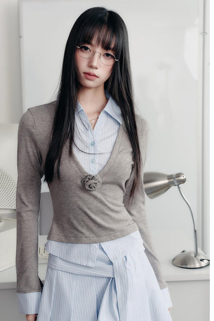 Preppy Blue Stripe Long Sleeves Shirt Set-Up