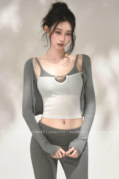 Textured Knit Cardigan Tank Top Three-Piece Set-Up