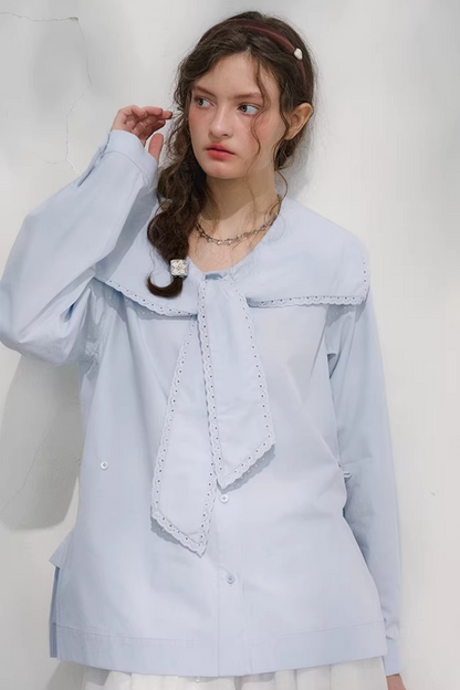 네이비 웨이브 레이스 블라우스