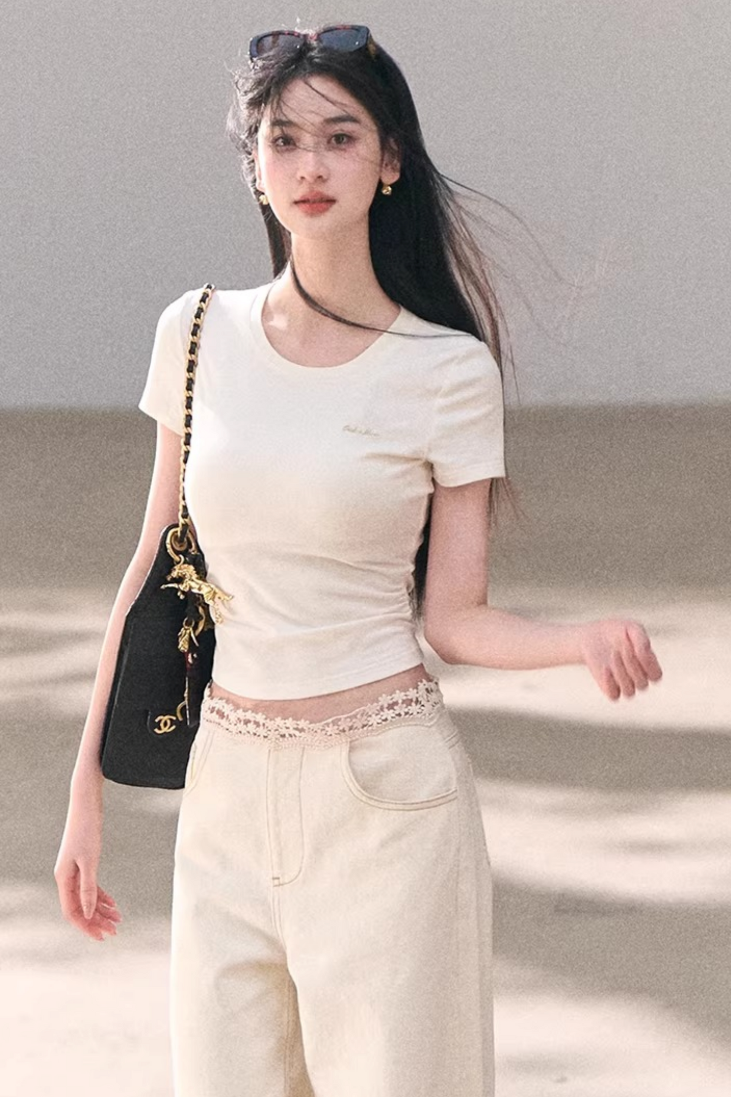 Contrast Embroidered Ruched Top