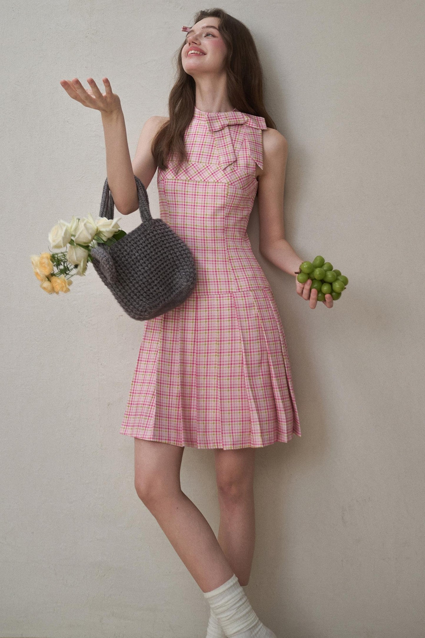 Bow Halterneck Plaid Dress
