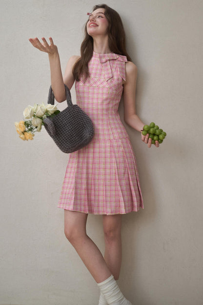 Bow Halterneck Plaid Dress