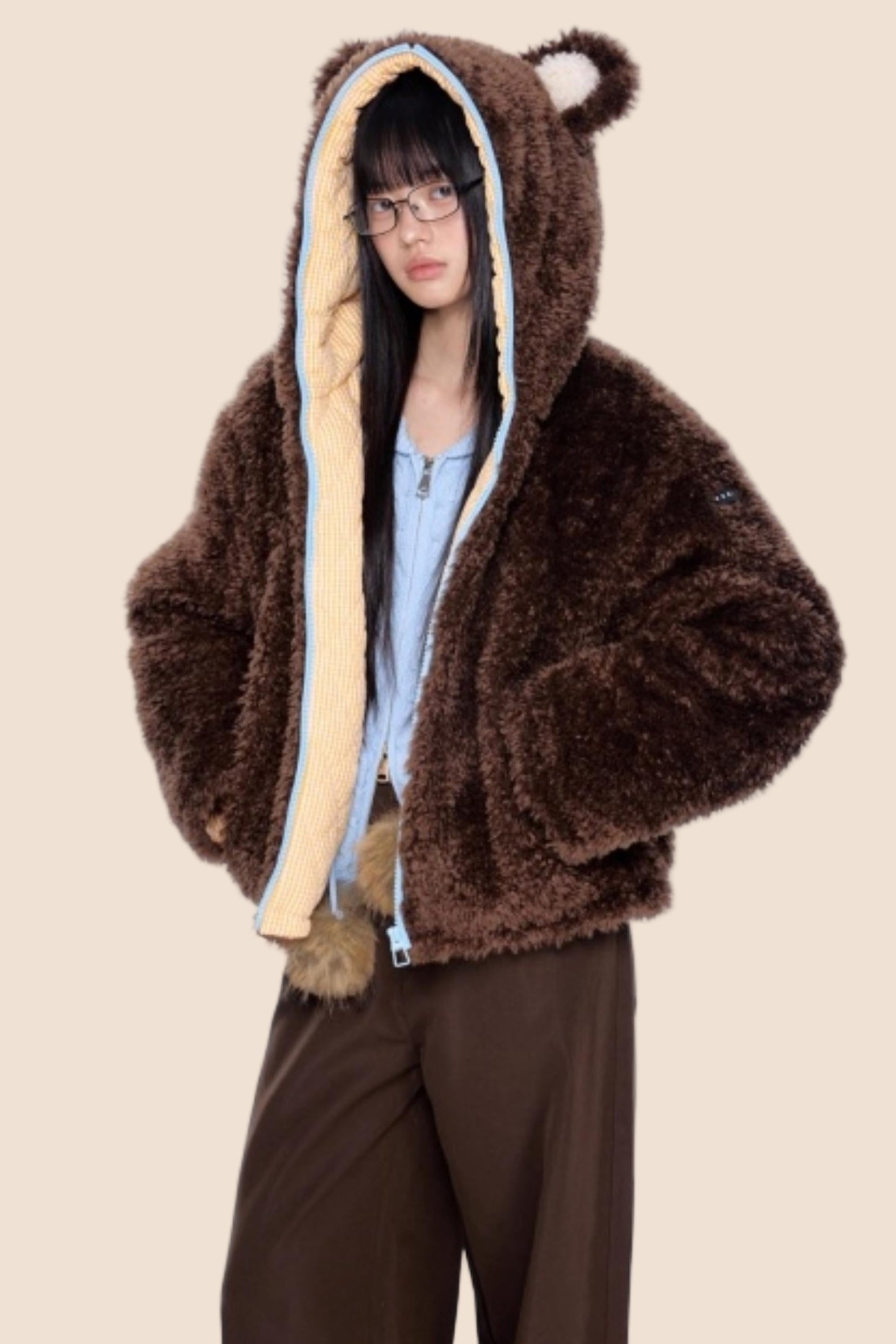 Ear-Flap Striped Faux Shearling Jacket