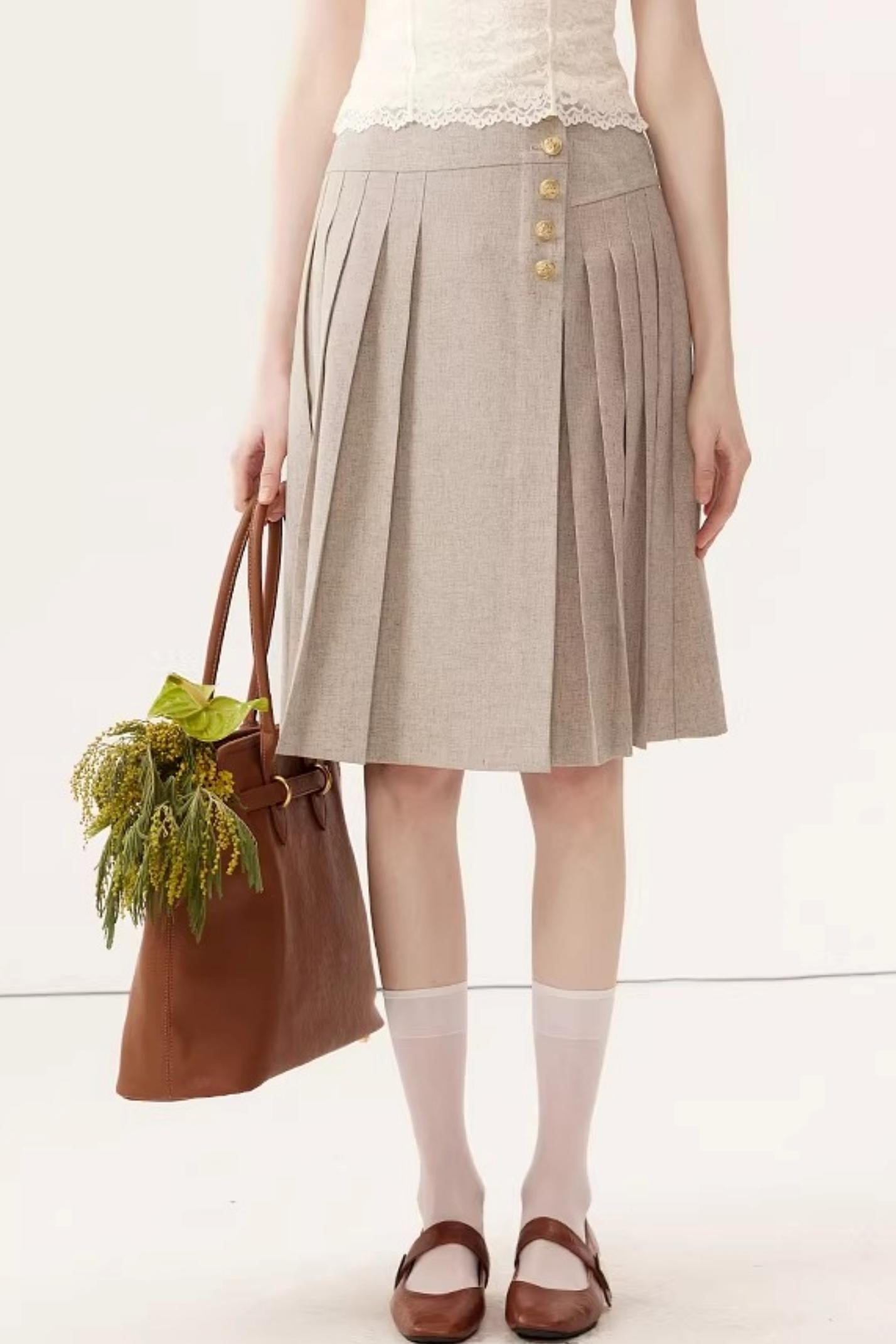 High-Waisted Pleated Midi Skirt