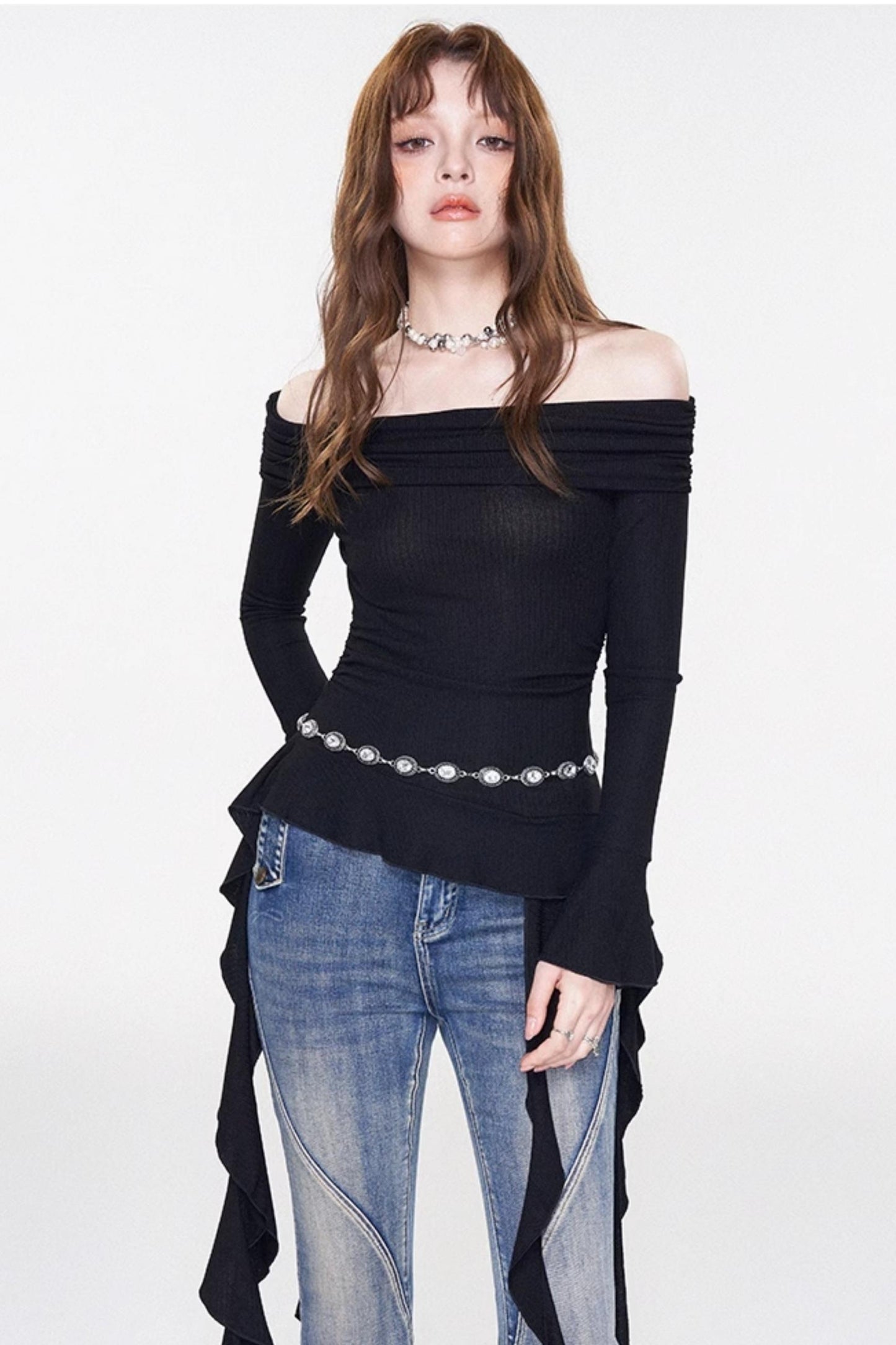 Ruffle One-Shoulder Glitter Top