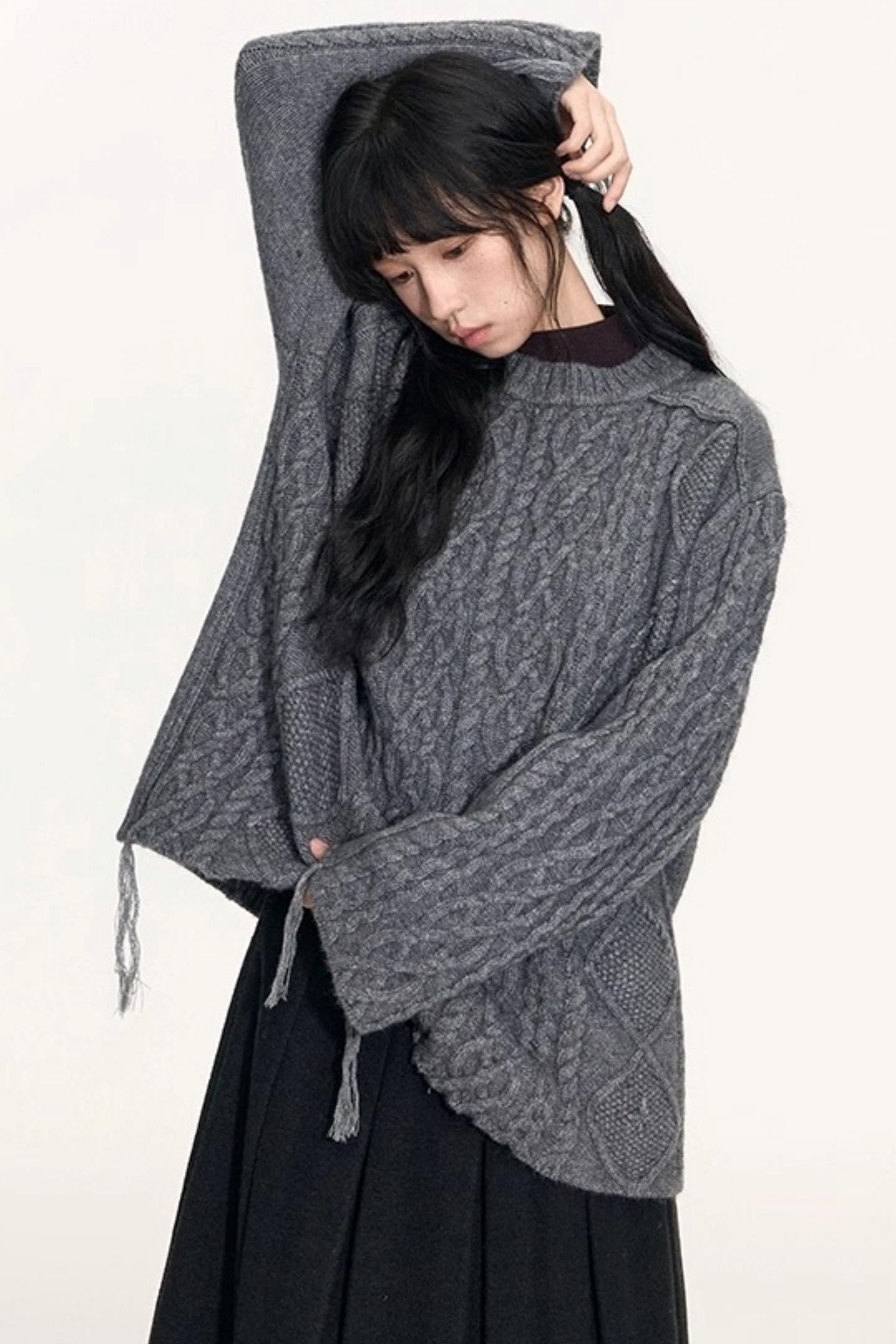 Crew Neck Crochet Cable Knit Sweater