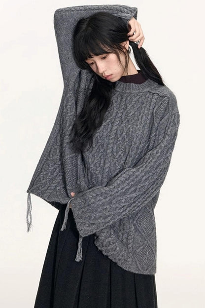 Crew Neck Crochet Cable Knit Sweater