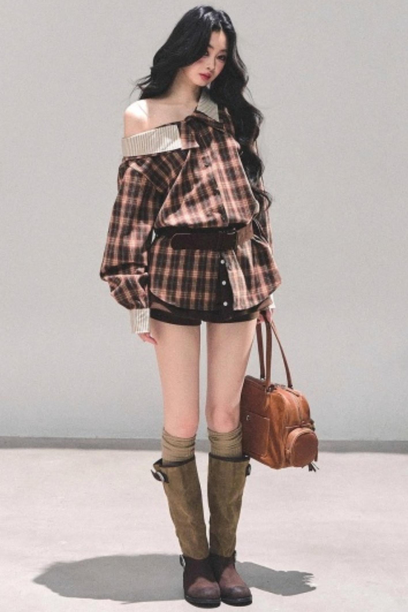 Off-Shoulder Plaid Shirt