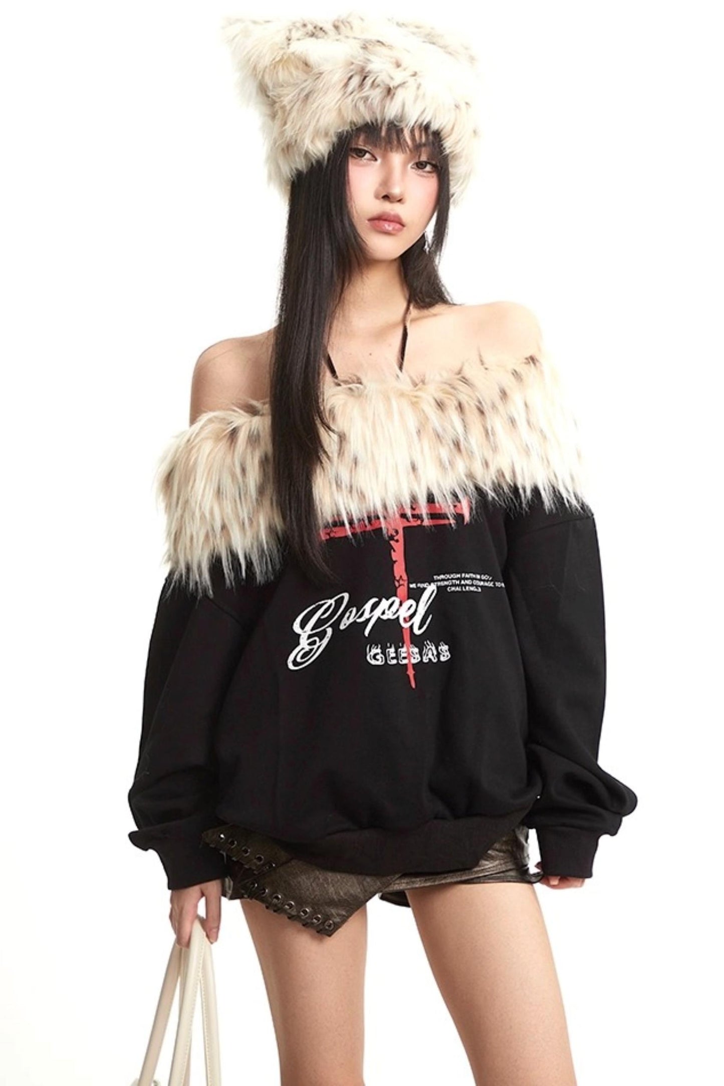 Vintage Apricot One-Shoulder Fur Collar Sweatshirt