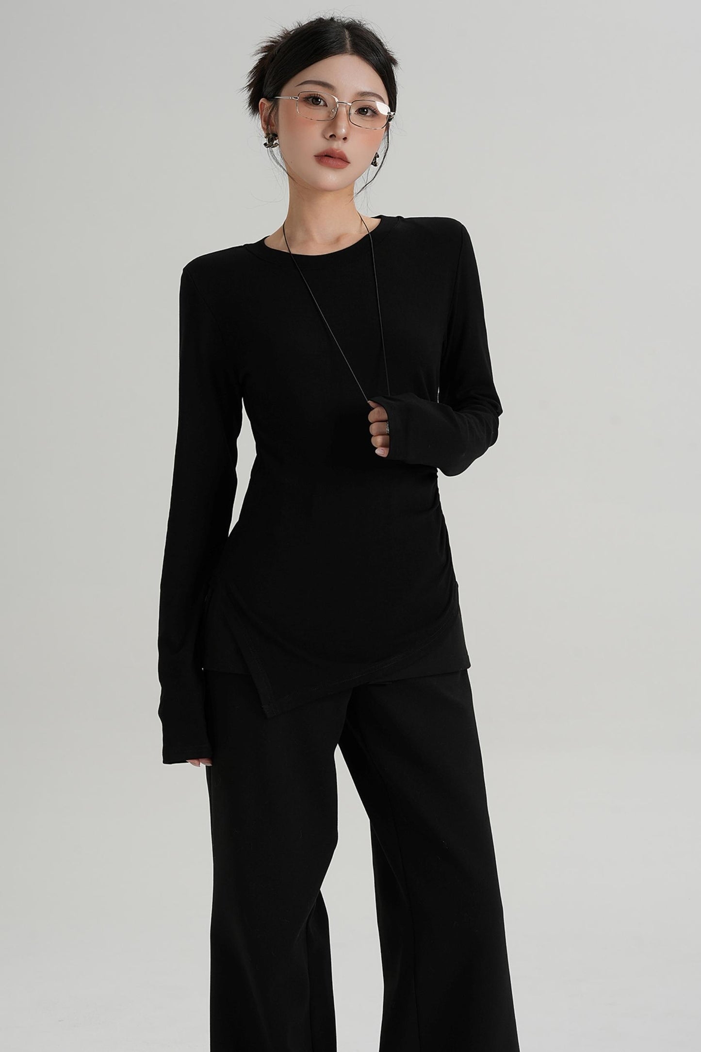Shoulder Pads Hem Slit Long Sleeve T-shirt
