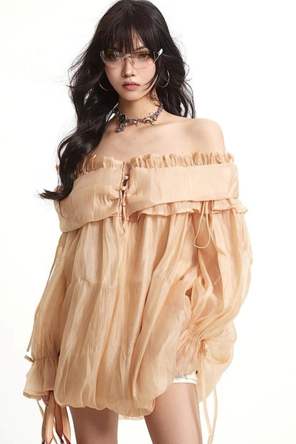 Mesh Ruffled Long Sleeve Dress