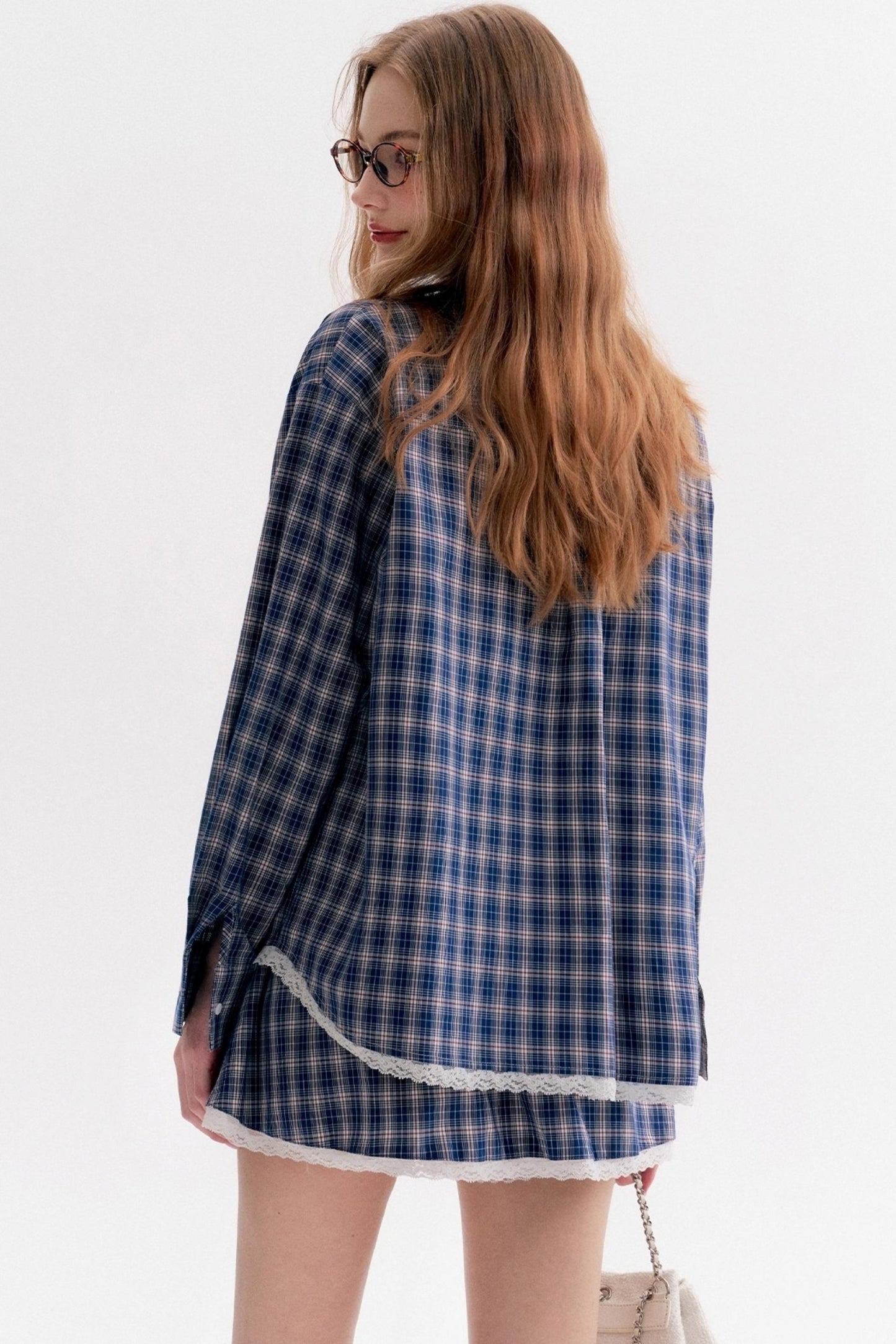 Lace Panel Check Loose Shirt Set-Up