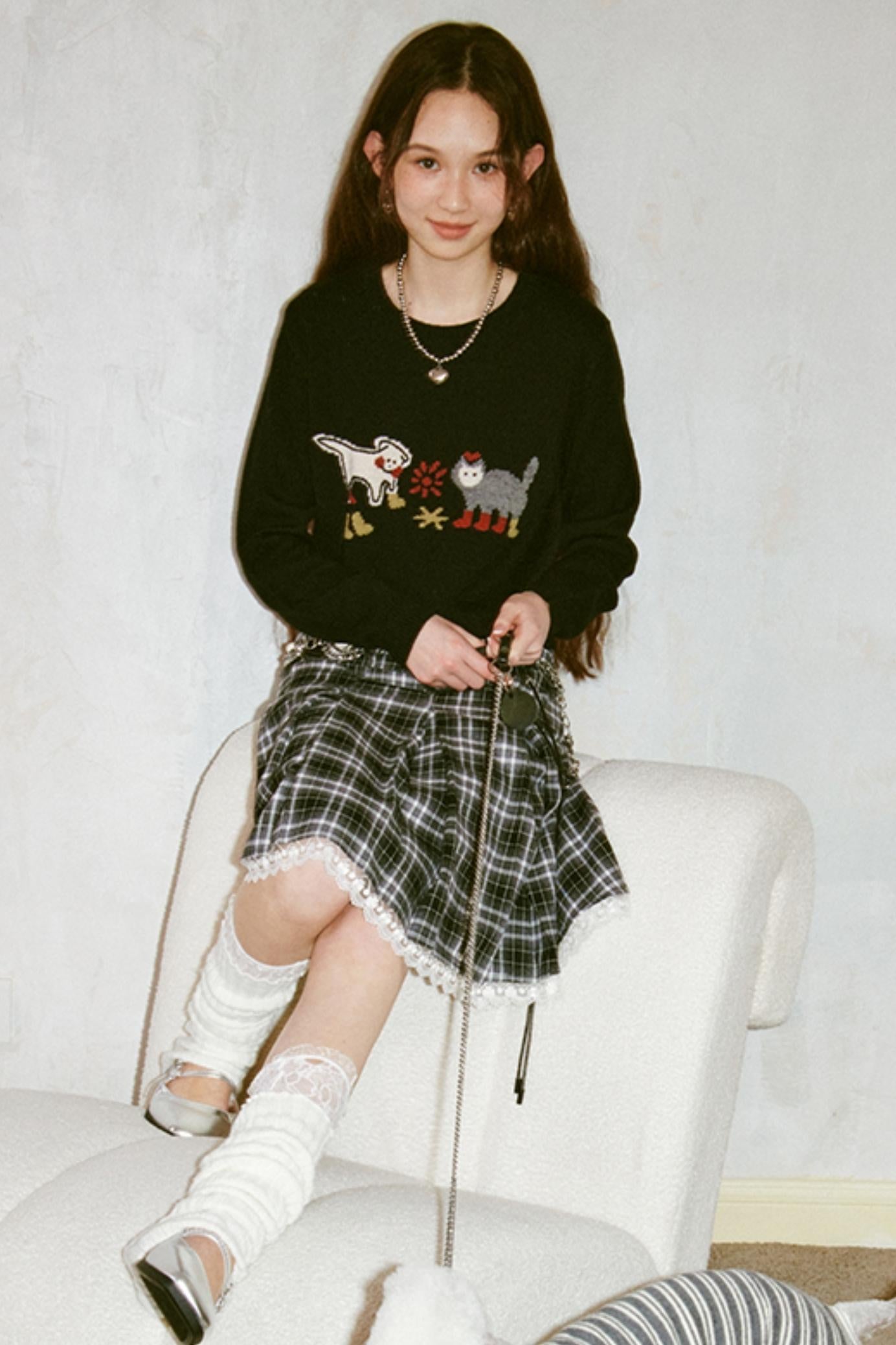 Kitten Puppy Embroidered Wool Blend Top