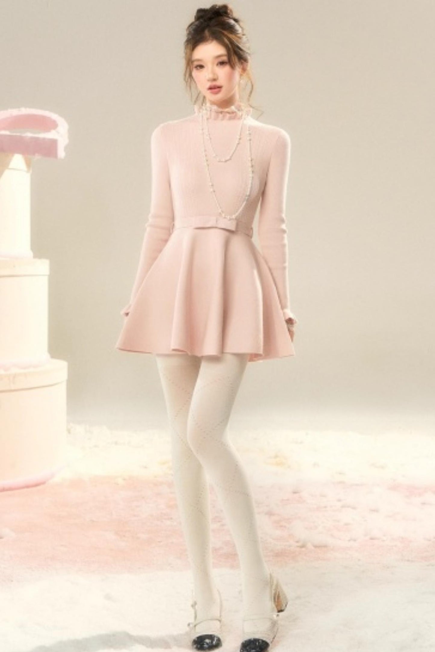 Lace High-Neck Knitted Dress