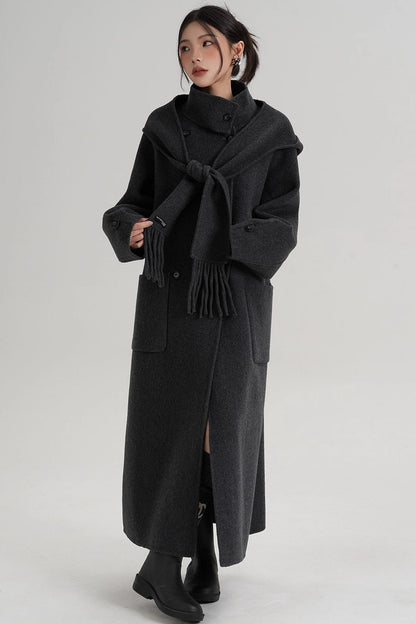 Temperament Hooded Scarf Wool Coat