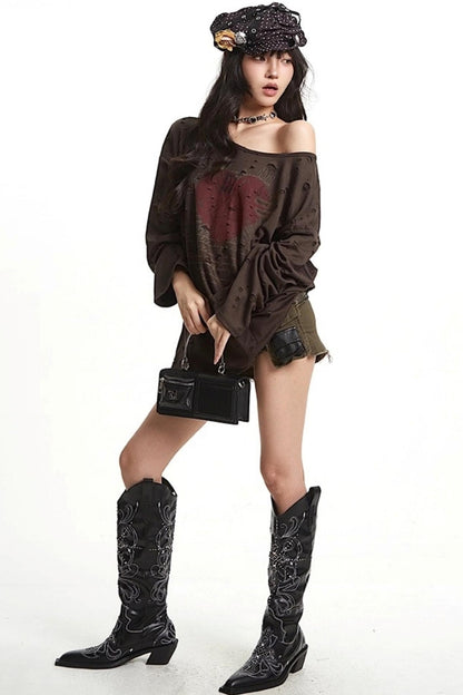 Vintage Love Print Slanted Shoulder T-Shirt