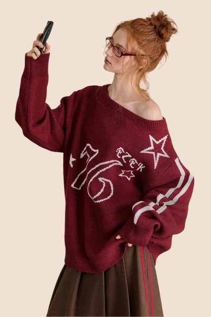 EZEK American Retro Slant Shoulder Crew Neck Pullover Pullover Damen Herbst und Winter neue lose kontrastierende Lazy Knit Pullover Trend