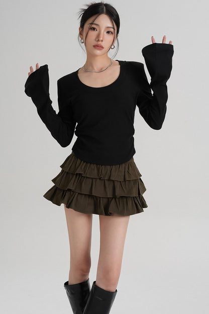 T-shirt amincissant à manches longues à taille ras du cou