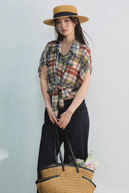 Plaid Tie Top & Midi Skirt Set-Up