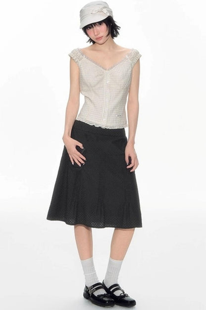 Checked Sleeveless One-Shoulder Shirt Set-Up