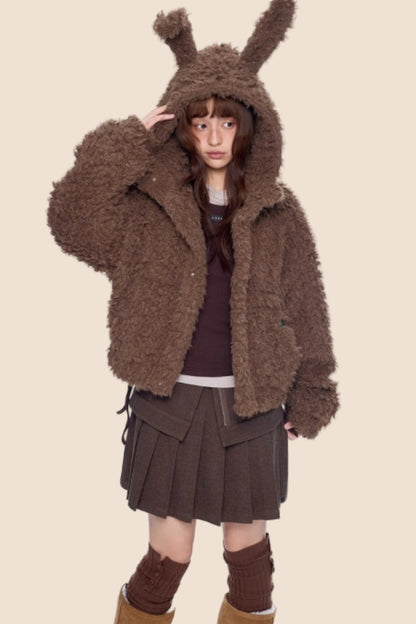 Imitation Wool Hooded Cardigan