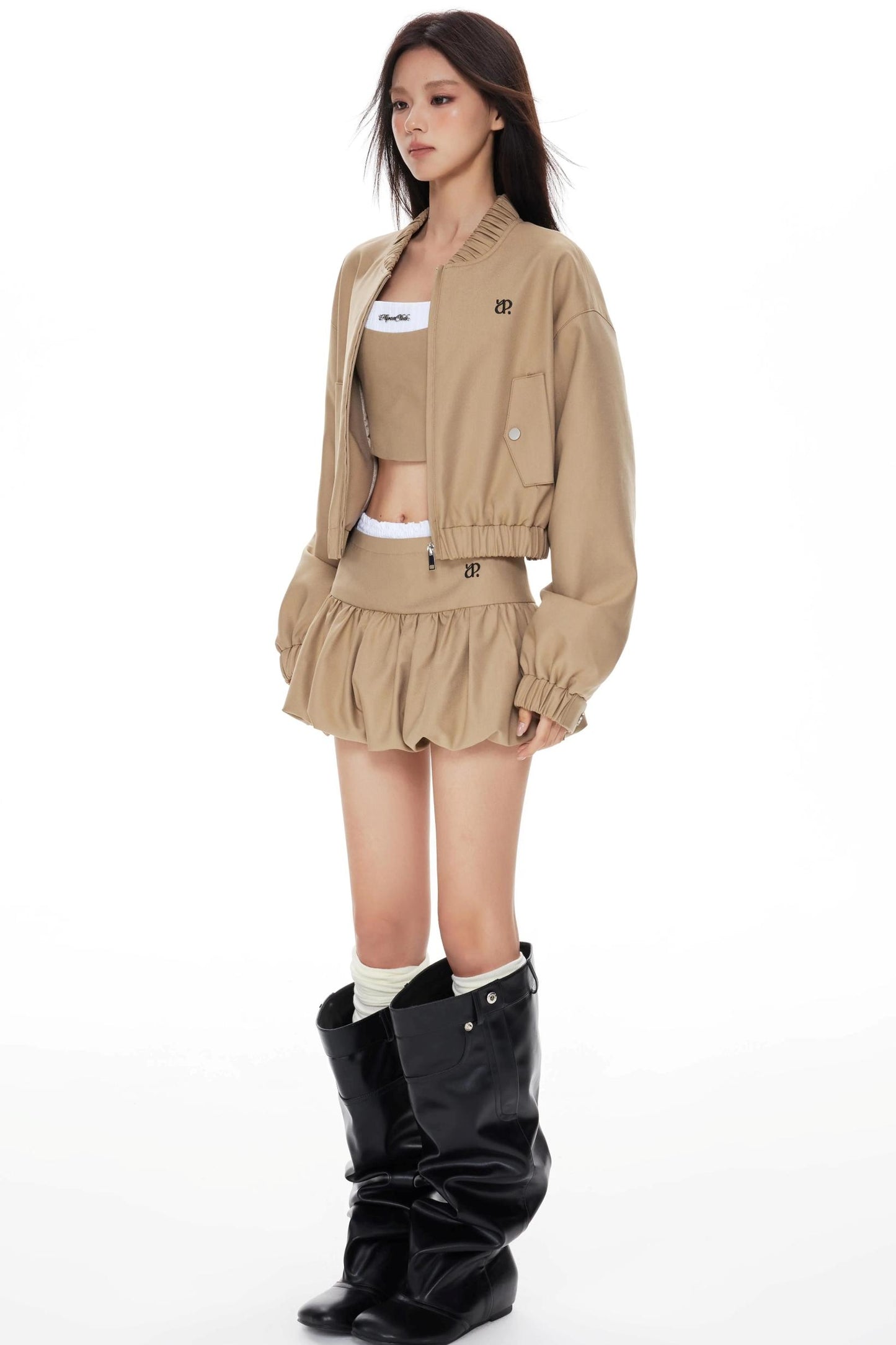 Khaki Cropped Jacket Skirt Set-Up