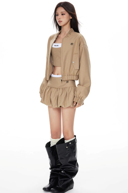 Khaki Cropped Jacket Skirt Set-Up