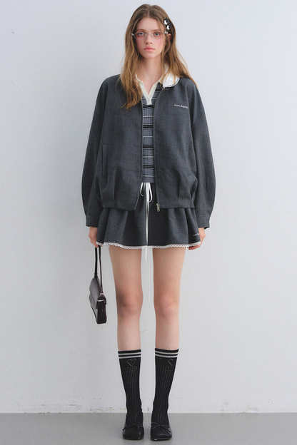 Lace Floral Gray Jacket Skirt Set-Up