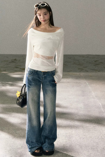White Lace Cutout Draped Top Set-Up