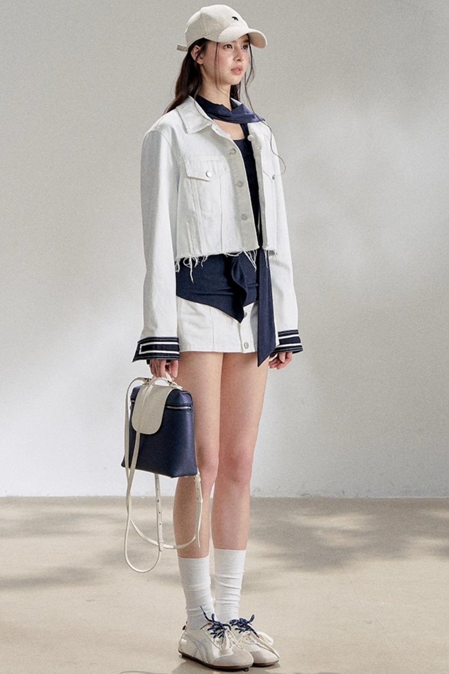 White Navy Short Denim Jacket Set-Up
