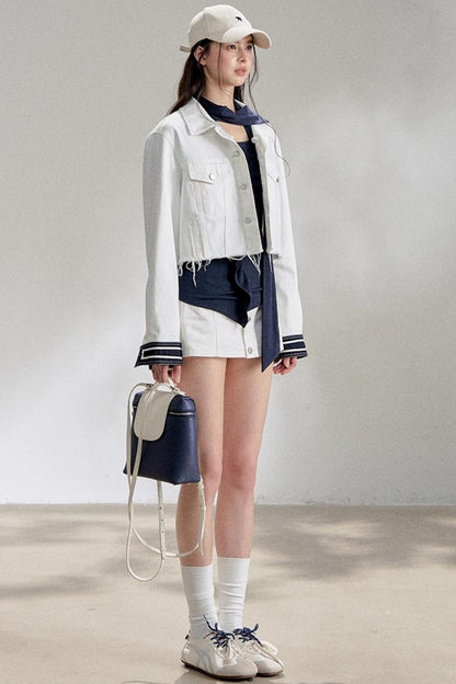 White Navy Short Denim Jacket Set-Up