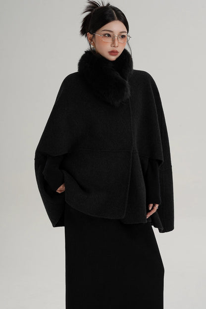 Elegant Fox Fur Wool Cape Coat