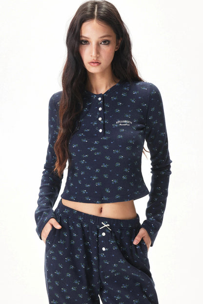 Floral Placket Blouse and Pants Set-Up