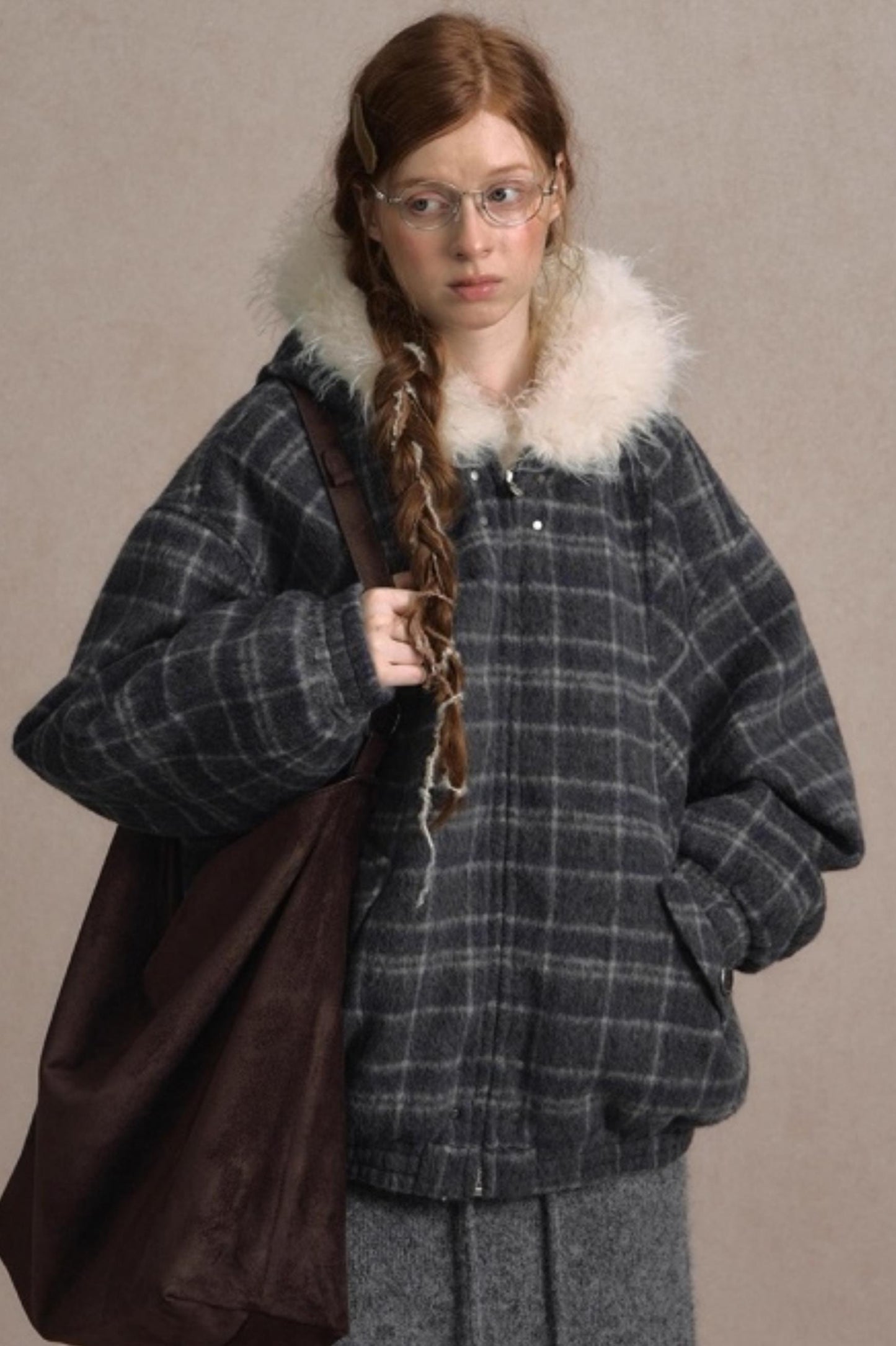 Elk Fur Collar Plaid Woolen Jacket
