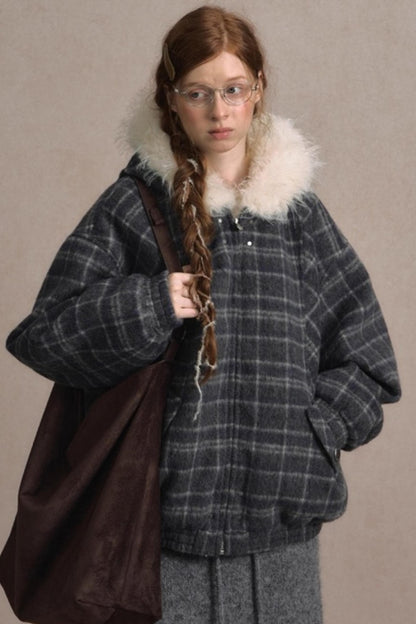 Elk Fur Collar Plaid Woolen Jacket