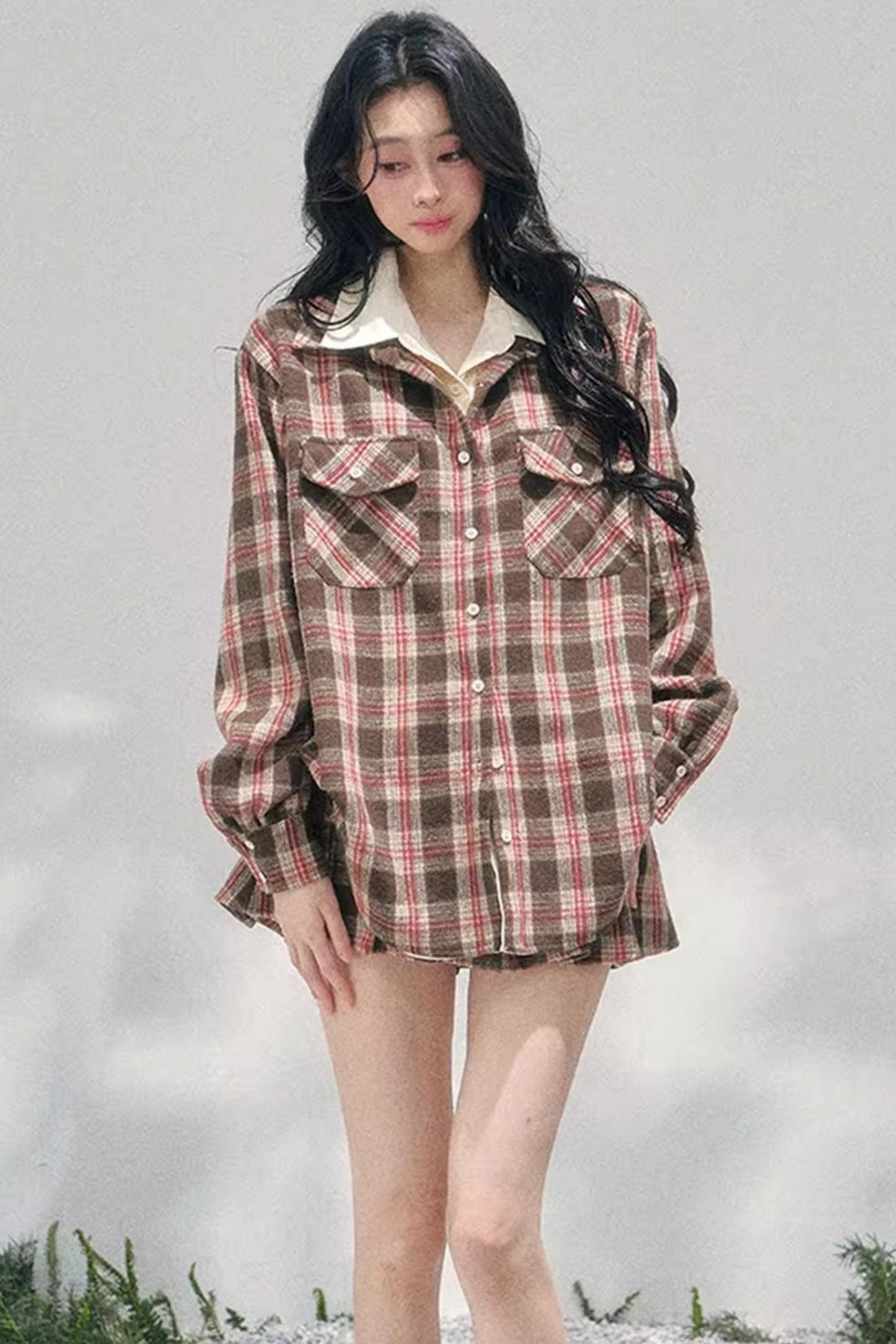 British Cafe Plaid Shirt and Short Skirt Set-Up