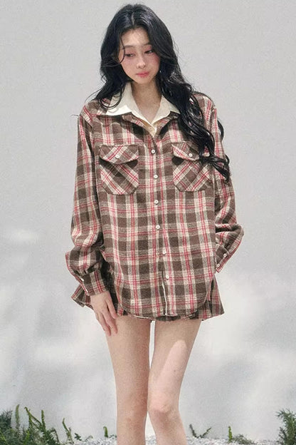 British Cafe Plaid Shirt and Short Skirt Set-Up