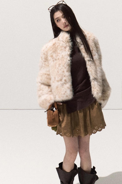 Girlish Leopard Print Fur Coat Set-Up