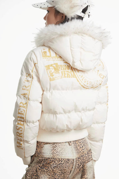 Printed Short Fur Collar Down Jacket